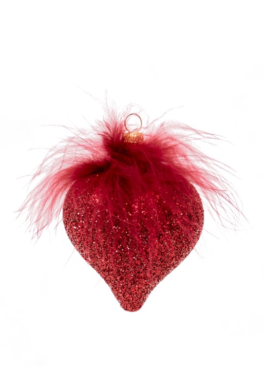 de Bijenkorf Home Hart kersthanger met glitter en veren 9 cm - voorkant cranberryrood