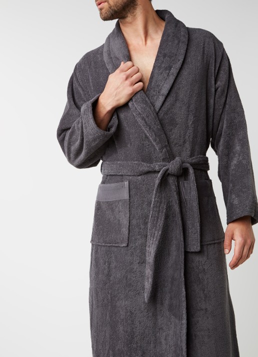 de Bijenkorf Home  Softness badjas van  katoen - unisex - detail antraciet