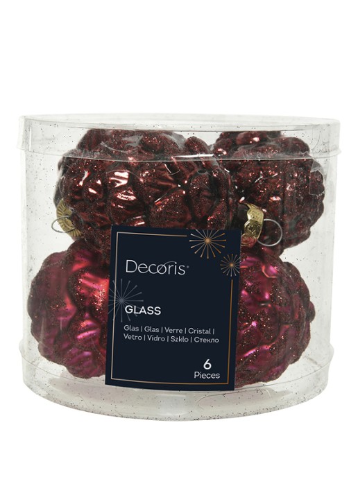 Decoris Dennenappel kerstbal 7 cm set van 6