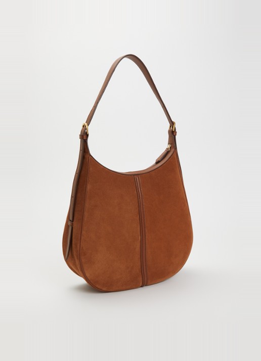 DeMellier The Siena schoudertas van suède - achterkant 6 cognac