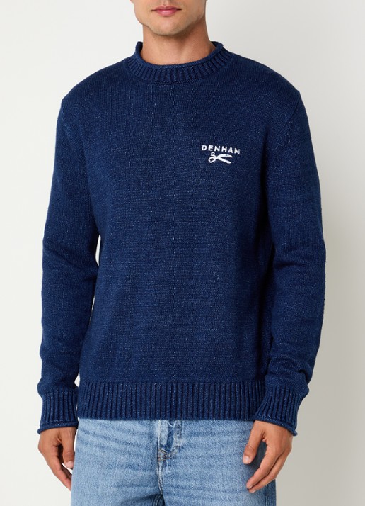 Denham Fijngebreide trui met logo - detail donkerblauw