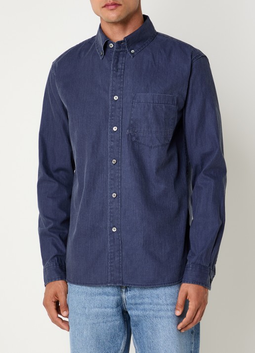 Denham Grid regular fit overhemd met borstzak - detail 4 donkerblauw