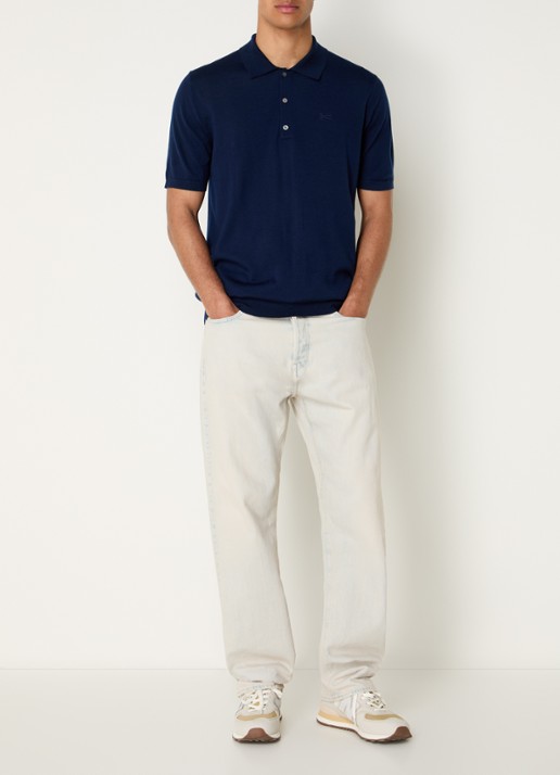 Denham Regular fit polo van wol met logoborduring - voorkant 2 donkerblauw