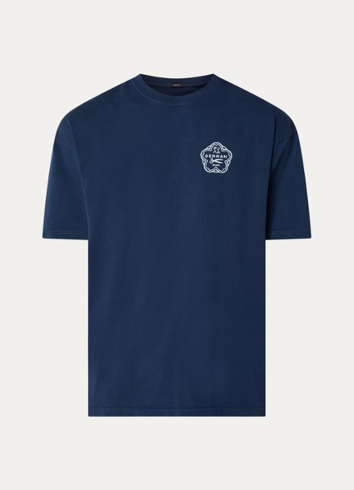 Denham Sake T-shirt met logo- en backprint - voorkant donkerblauw