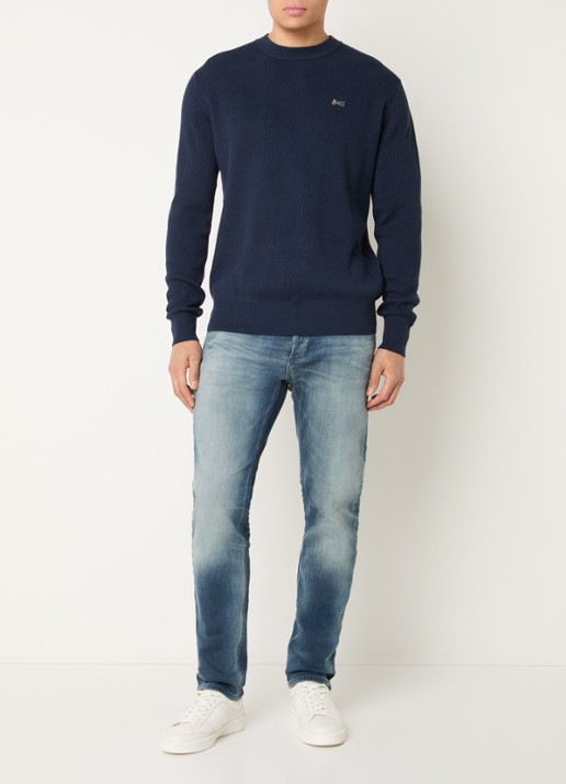 Denham Scissor fijngebreide trui met logoborduring - voorkant 2 donkerblauw