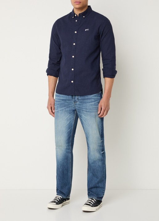 Denham Scissor regular fit overhemd in linnenblend - voorkant 3 donkerblauw