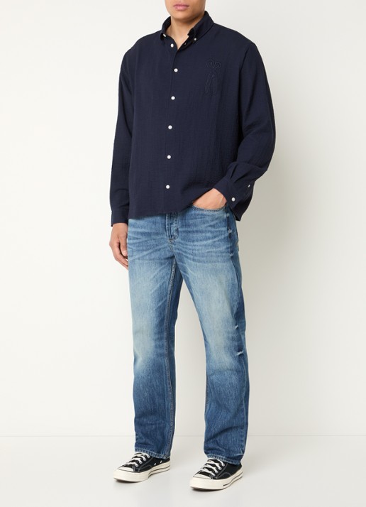 Denham Scissor regular fit overhemd van piqué katoen - voorkant 2 donkerblauw