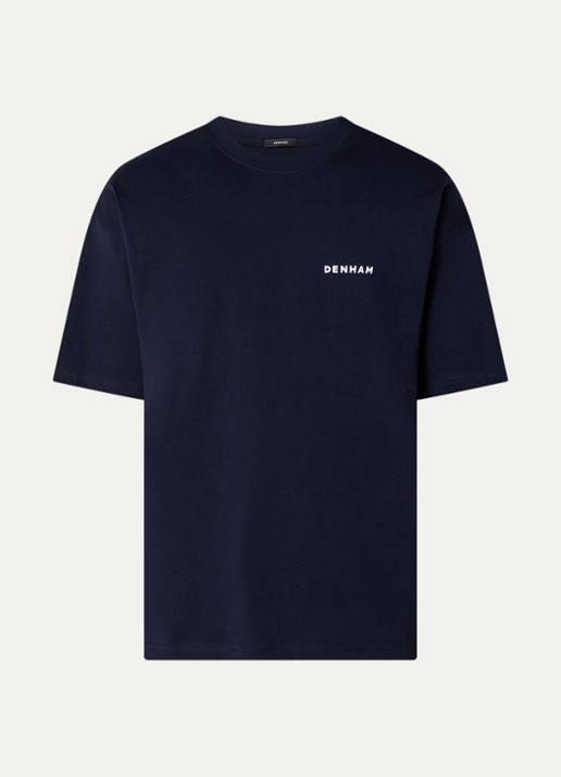 Denham Waine T-shirt met logo- en backprint - voorkant donkerblauw