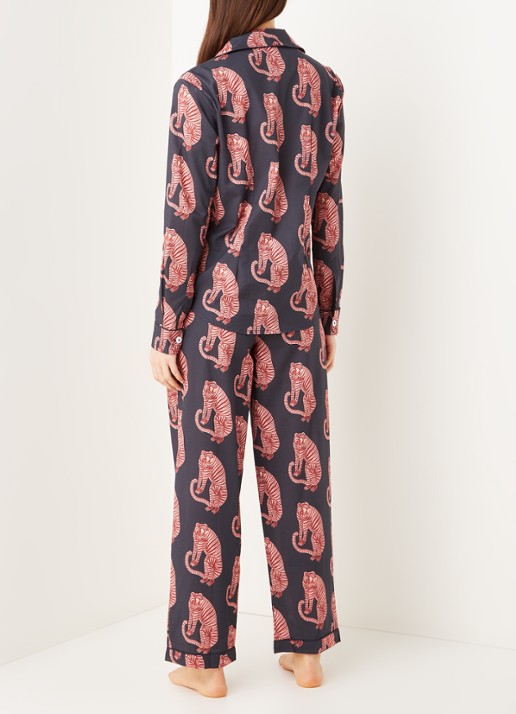Desmond & Dempsey Tiger pyjamaset van  katoen met print - achterkant 3 donkerblauw