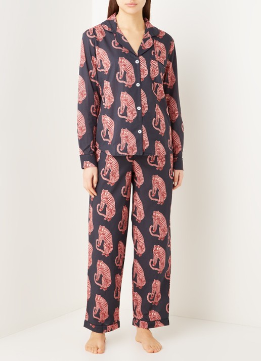 Desmond & Dempsey Tiger pyjamaset van  katoen met print - detail 4 donkerblauw