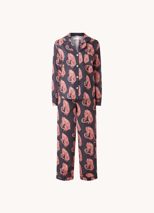 Desmond & Dempsey Tiger pyjamaset van  katoen met print - voorkant donkerblauw