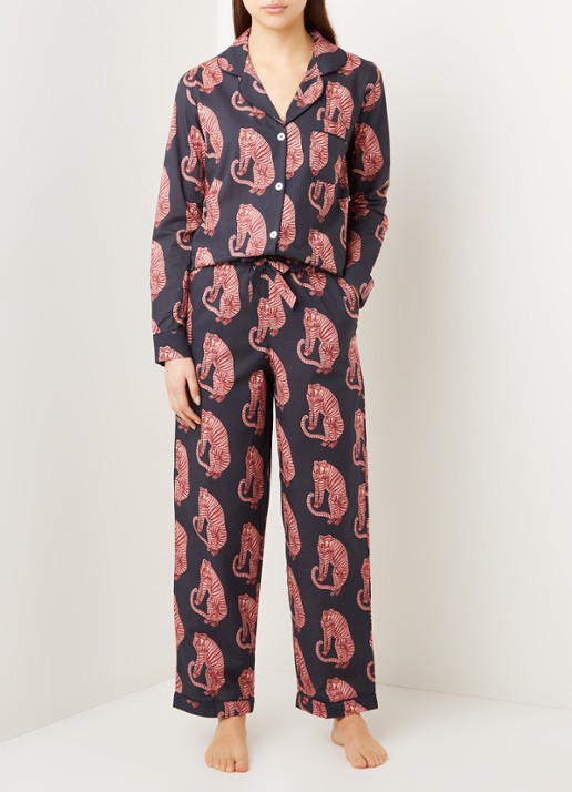Desmond & Dempsey Tiger pyjamaset van  katoen met print - voorkant 2 donkerblauw