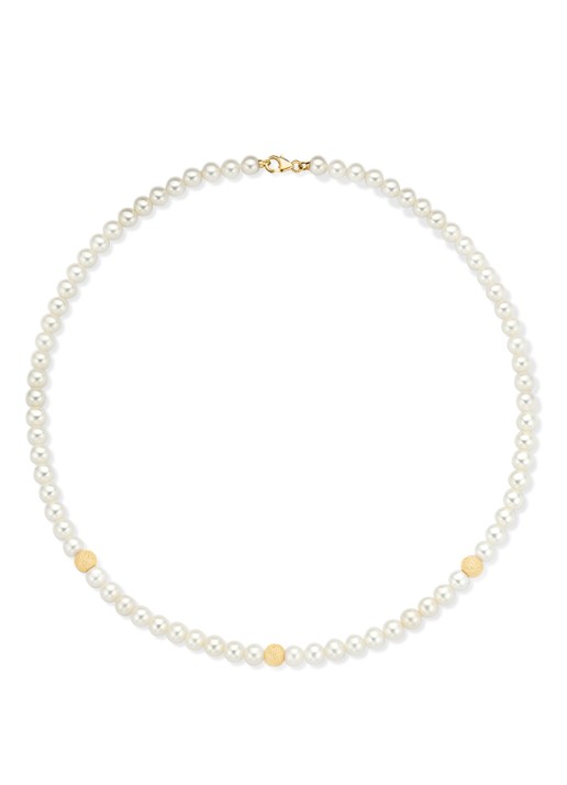 Diamond Point Geelgouden collier witte zoetwaterparel Rivièra