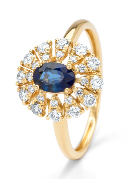 Diamond Point Geelgouden ring, 0.64 ct blauwe saffier, Majestic