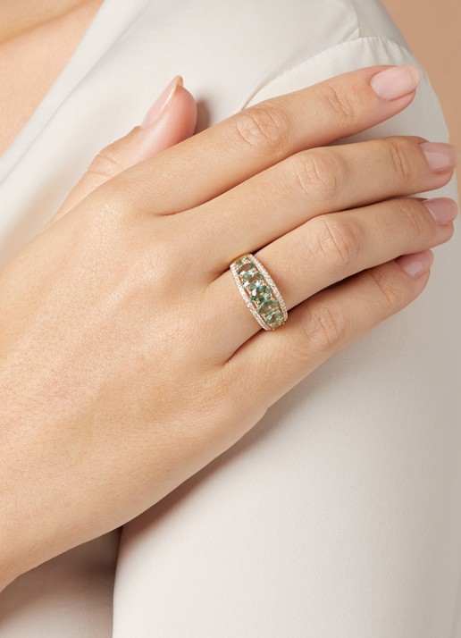 Diamond Point Geelgouden ring, 3.14 ct groene saffier, Eden - voorkant 2 geelgoud