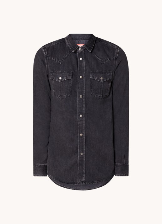 Diesel D-Vega regular fit overhemd van chambray met borstzakken - voorkant 2 zwart