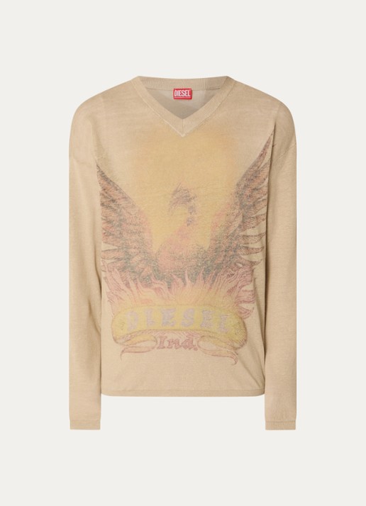 Diesel K-Armins fijngebreide pullover van linnen met print - voorkant 3 beige