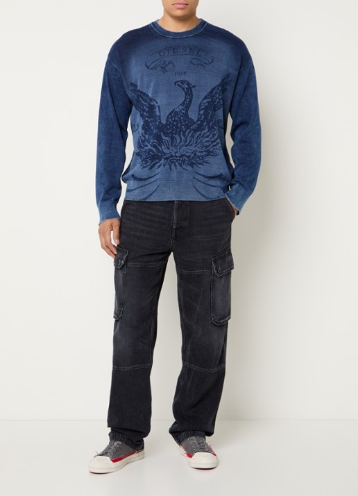 Diesel K-Fenicol fijngebreide pullover met logoprint - voorkant 3 donkerblauw