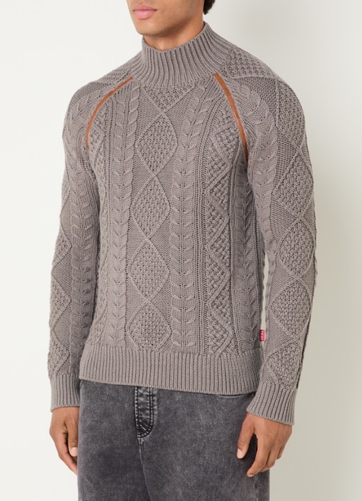 Diesel K-Inome kabelgebreide trui in wolblend met details van imitatieleer - detail 4 taupe