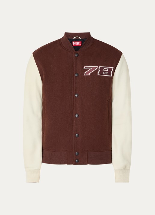 Diesel L-kopf baseball jack in wolblend met borduring- en backprint - voorkant kastanjebruin