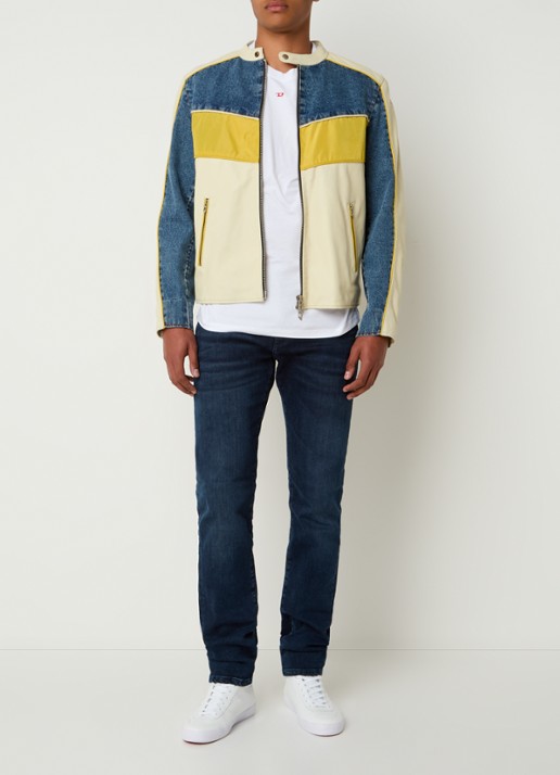 Diesel L-Leopol bikerjack van lamsleer met details van denim - voorkant 3 lichtgeel