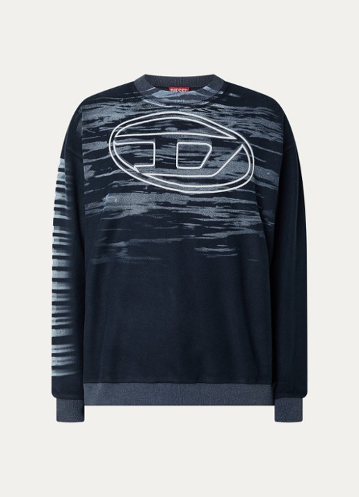 Diesel S-Box-T1 grofgebreide trui met ingebreide print  - voorkant 2 donkerblauw
