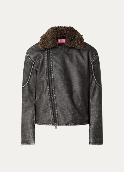 Diesel W-Alex lammy coat van imitatieleer met afneembare kraag van imitatiebont - voorkant zwart