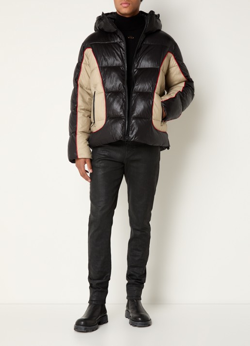 Diesel W-Ostend puffer jack met capuchon en ritszakken - voorkant 2 zwart