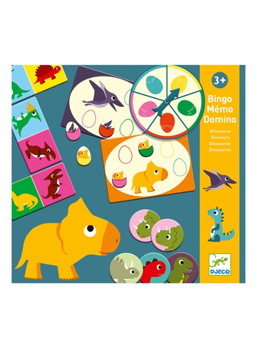 Djeco Dinosaurier Bingo-, Memo- en Dominospel set van 3 - voorkant multicolor