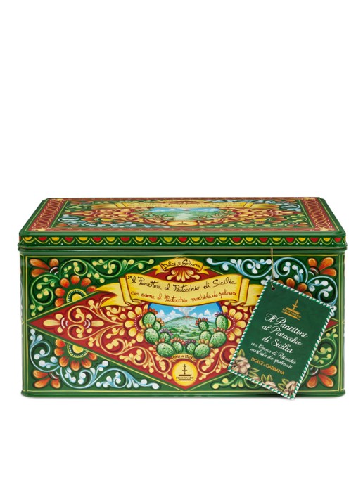 Dolce & Gabbana Fiasconaro panettone met smeerbare pistachecrème, omhuld met witte chocolade en pistachenoten in bewaarblik 1 kg