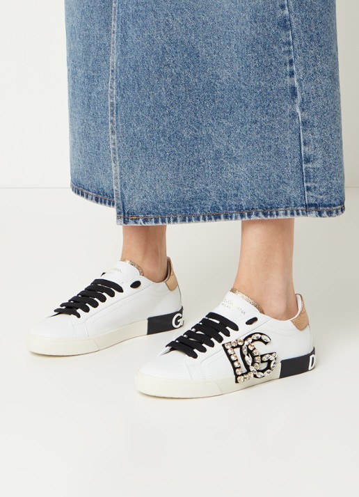 Dolce & Gabbana Portofino Vintage sneaker van kalfsleer met strass - voorkant 2 wit
