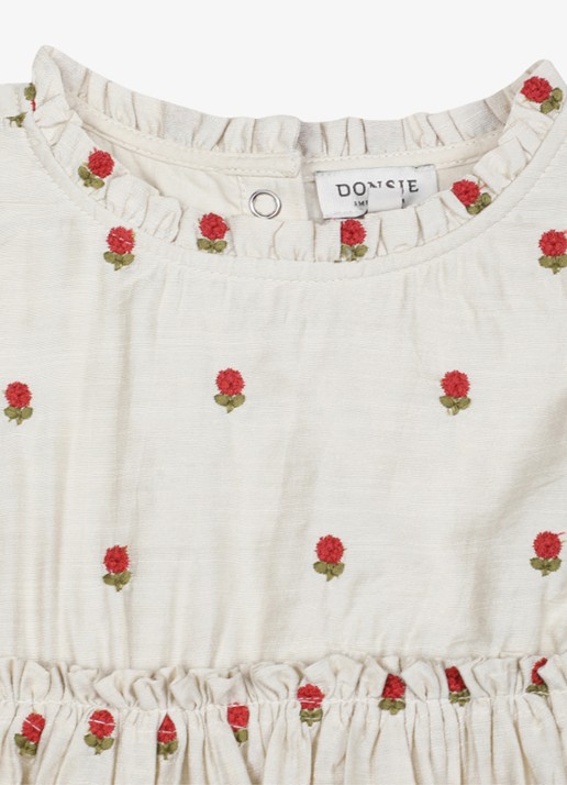 Donsje Amsterdam Camilla Red Roses mini jurk met bloemenprint - detail 4 zand