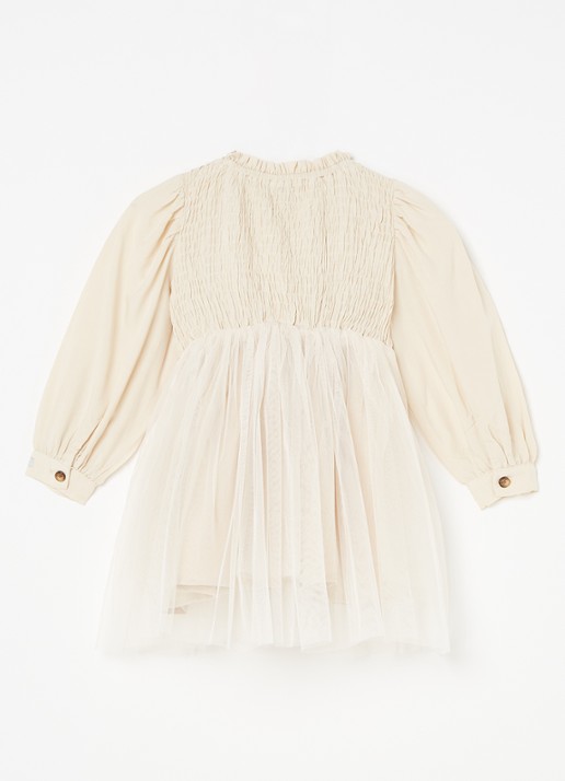 Donsje Amsterdam Janice A-lijn jurk in linnenblend met tule - achterkant beige