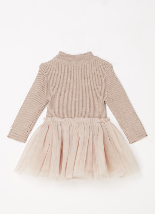Donsje Amsterdam Lotus fijngebreide jurk in wolblend met tule - achterkant 4 beige