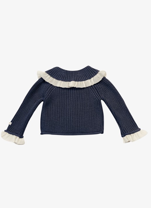 Donsje Amsterdam Zoila grofgebreid vest met ruches - achterkant 3 donkerblauw
