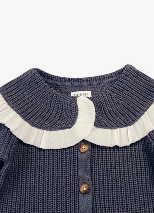 Donsje Amsterdam Zoila grofgebreid vest met ruches - detail donkerblauw