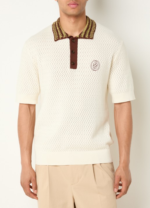 Drôle de Monsieur Fijngebreide regular fit polo met logo en opengewerkt dessin