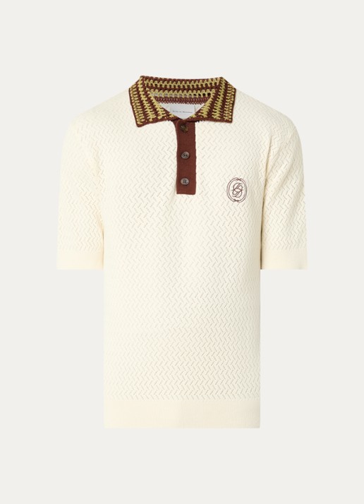 Drôle de Monsieur Fijngebreide regular fit polo met logo en opengewerkt dessin - voorkant gebroken wit