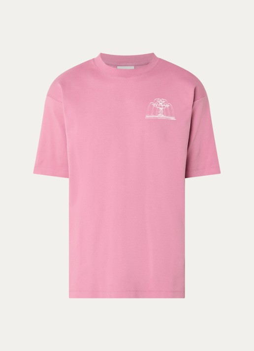 Drôle de Monsieur Fountain T-shirt met logo- en backprint - voorkant 3 donkerroze