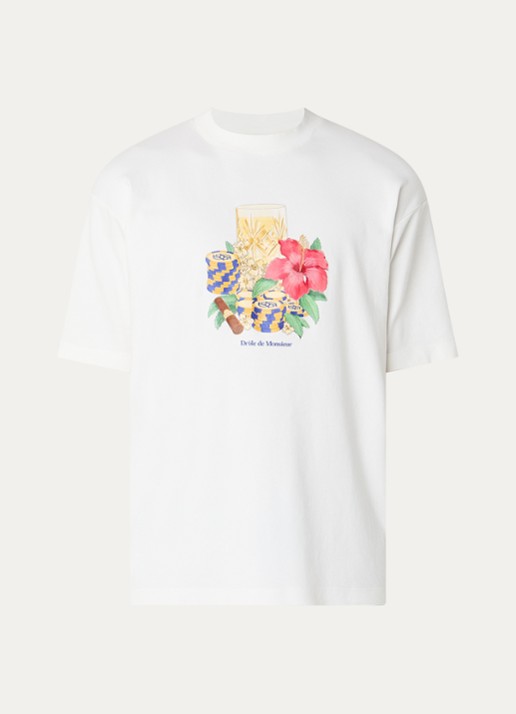 Drôle de Monsieur Hibiscus Club T-shirt met print - voorkant gebroken wit