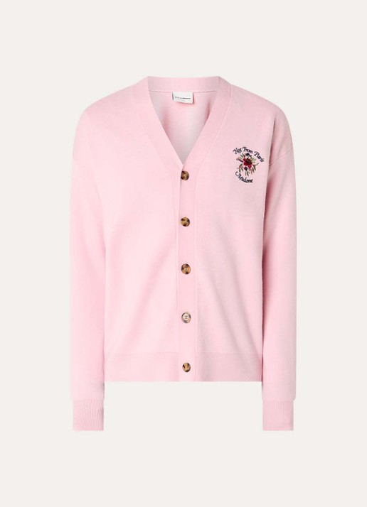 Drôle de Monsieur Slogan Rose fijngebreid vest van merino wol met logoborduring - voorkant roze
