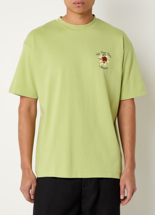 Drôle de Monsieur Slogan Rose T-shirt met logo- en backprint - achterkant lime