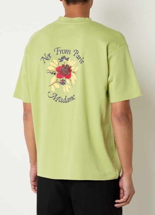 Drôle de Monsieur Slogan Rose T-shirt met logo- en backprint