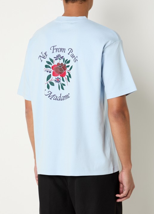 Drôle de Monsieur Slogan Rose T-shirt met logo- en backprint