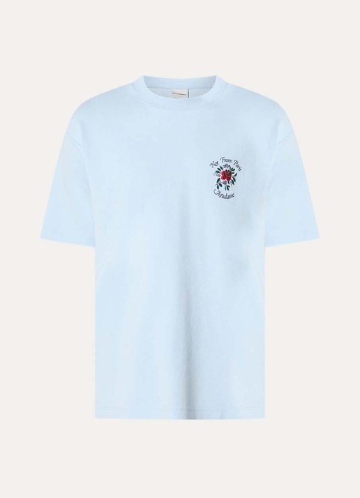 Drôle de Monsieur Slogan Rose T-shirt met logo- en backprint - voorkant 2 lichtblauw