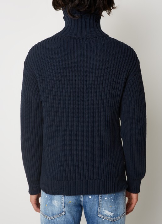 Dsquared2 Grofgebreide coltrui met destroyed afwerking en logo - achterkant donkerblauw
