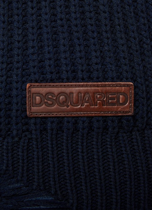 Dsquared2 Grofgebreide coltrui met destroyed afwerking en logo - detail 5 donkerblauw