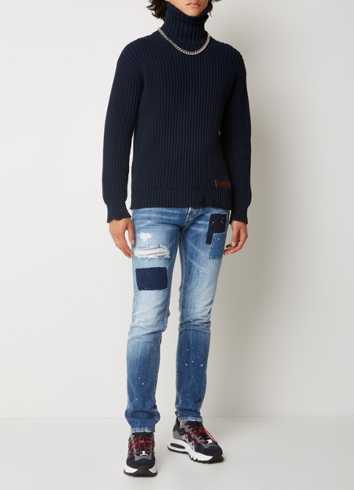 Dsquared2 Grofgebreide coltrui met destroyed afwerking en logo - voorkant 3 donkerblauw