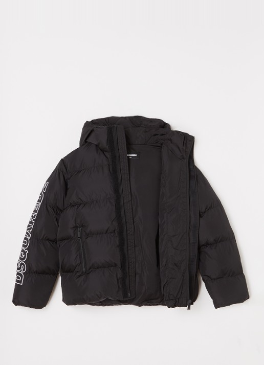 Dsquared2 Puffer jas met logoprint en capuchon - voorkant 3 zwart