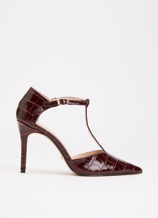Dune London Castered pump met crocostructuur  - voorkant bordeauxrood